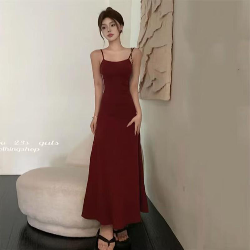 Product Introduction of Summer Dress Hot Girl Elastic Strap Dress Women Sleeveless Off-Shoulder Waist-Cinching One-Shoulder Base Long Dress 7