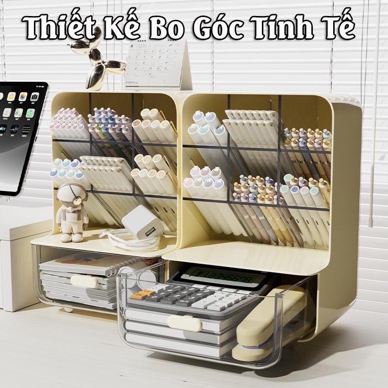 Hộp đựng bút để bàn học kệ để đồ học sinh văn phòng phẩm có ngăn kéo tiện lợi decor bàn làm việc - Tặng kèm sticker dán trang trí