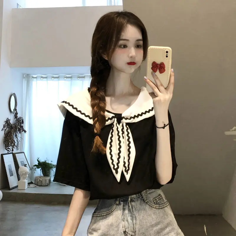 Áo Thun Cổ Hải Quân Nữ Tay Ngắn Mùa Hè Ngọt Ngào Phong Cách Đại Học Top Sơ Mi Cổ Tròn