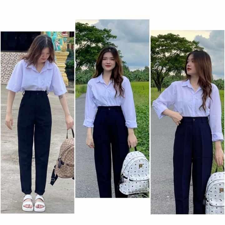  Quần tây nữ lưng cao đi học làm công sở ống đứng suông dài màu Đen dáng quần vải baggy cạp cao nữ công sở Ong Women Pants 