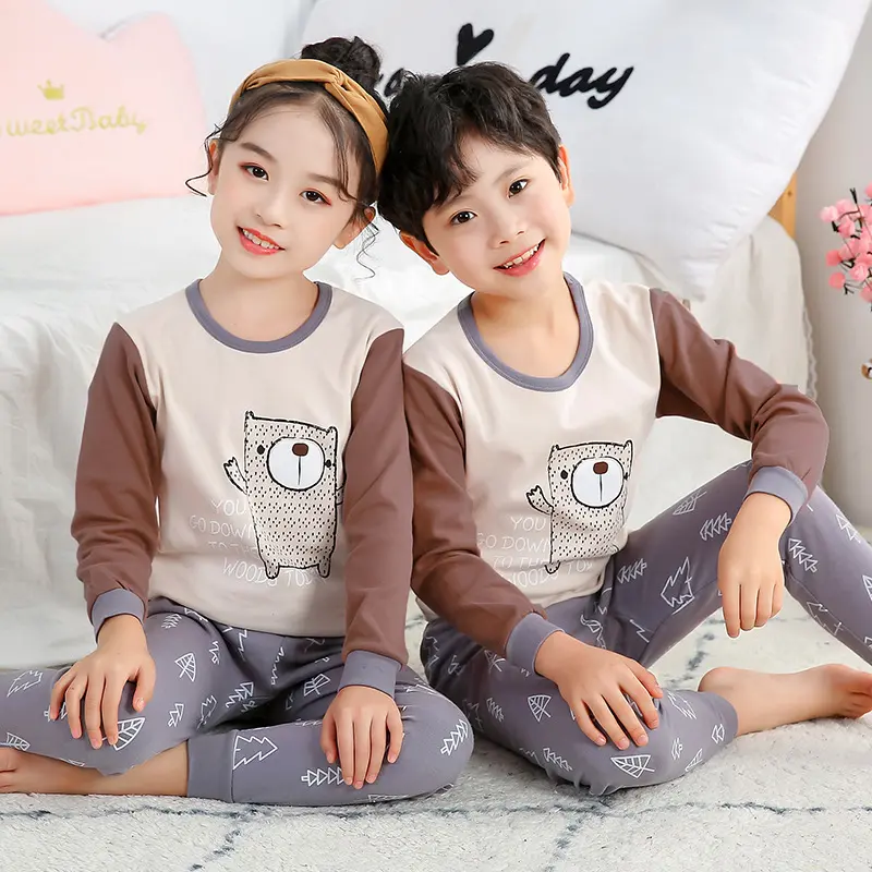 Boys' Long Johns Top & Bottom Pure Cotton Suit Girls' Underwear Children's All Cotton Sweater Warm Medium and Large Children's Autumn and Winter Pajamas