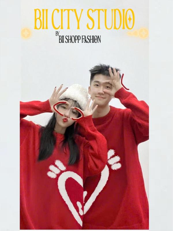Áo Sweater Đôi Trái Tim Nữa Đỏ Đen phong cách, Áo sweater đôi from Rộng Phong Cách Unisex Basis Ulazang. Jacket Top Women Pants Cổ Tròn 3