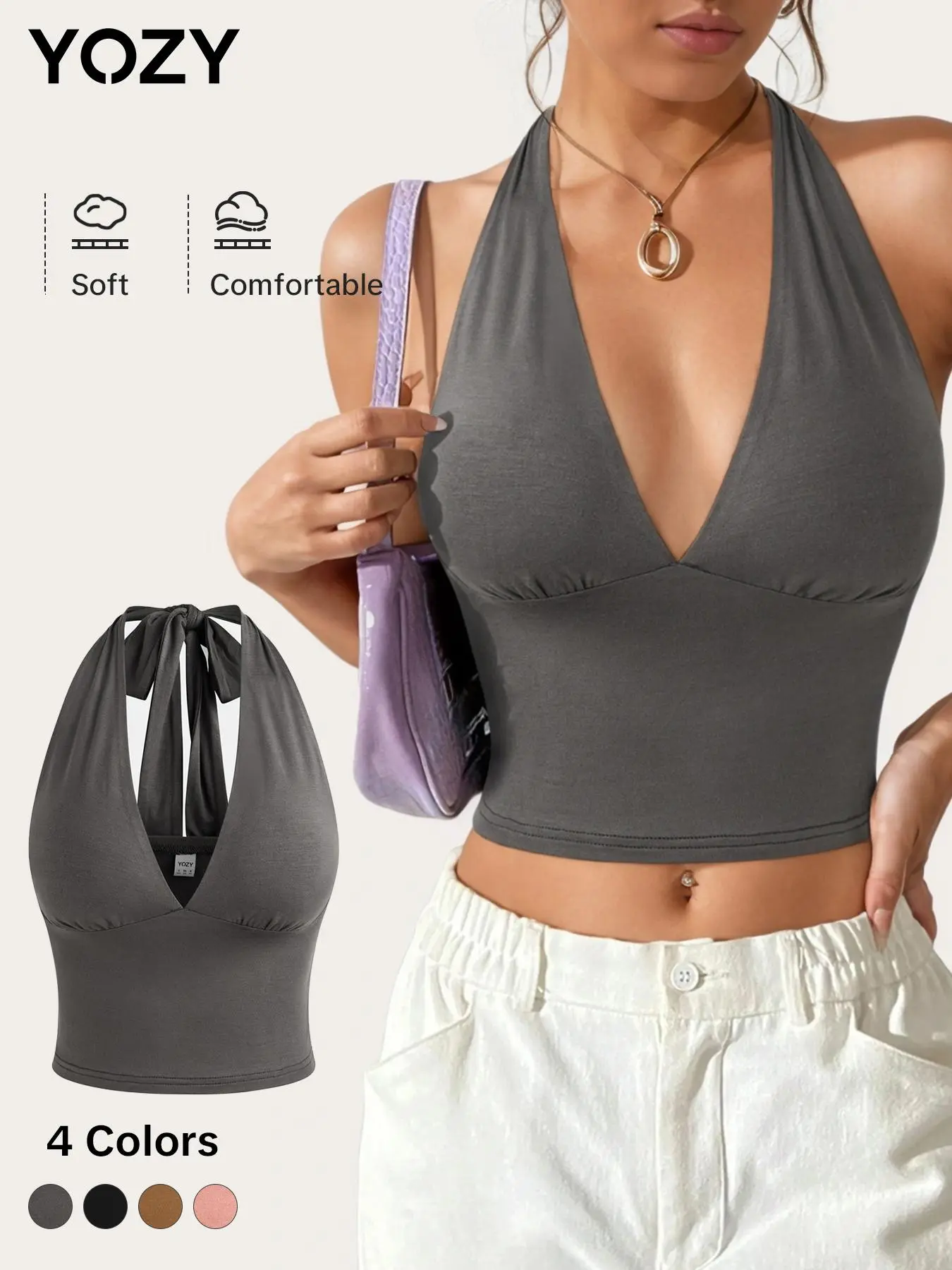 YOZY Deep V Neck Backless Halter Crop Tank Top, Casual Tie Back Sleeveless Top, 2024 Women's Summer Outfits for Daily Wear