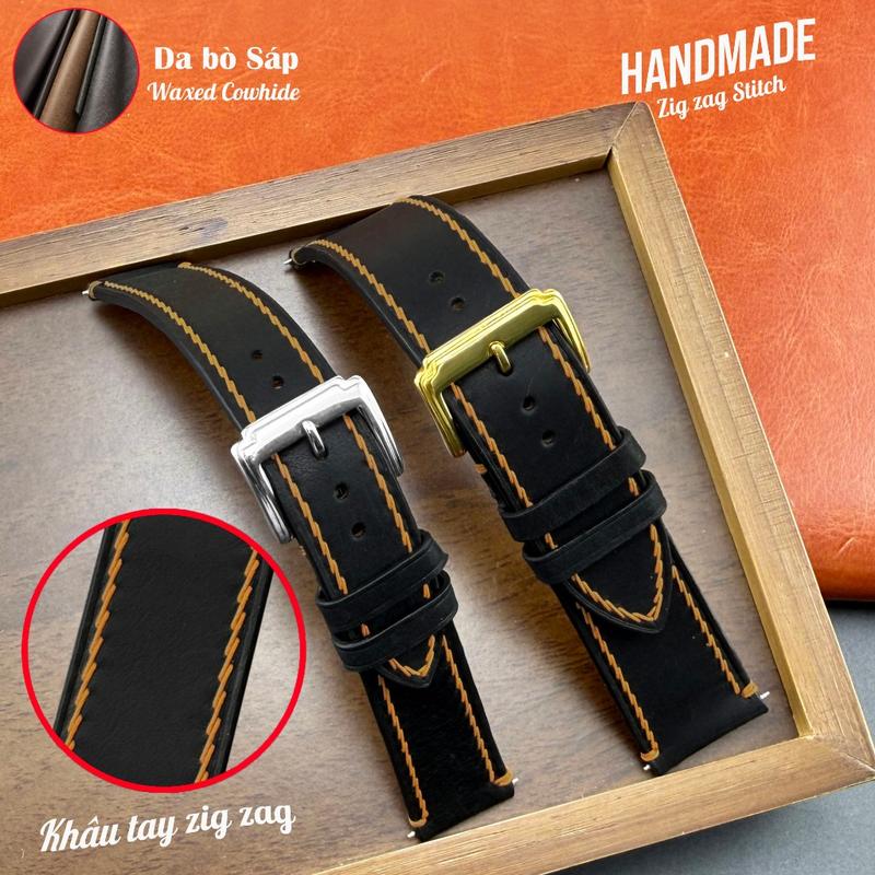 (Đen-Phom mỏng) Dây đồng hồ da BÒ Sáp HANDMADE KHÂU TAY zig zag nhiều size 18 19 20 21 22 24 mm