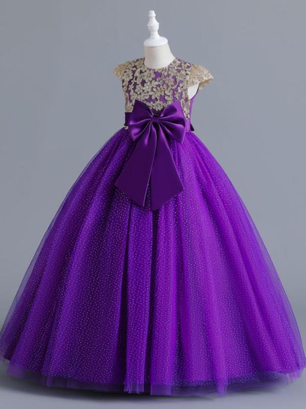 Girl's Floral Embroidery Contrast Sequin Big Bow Puff Sleeve Party Satin Dress, Kids Clothes 2