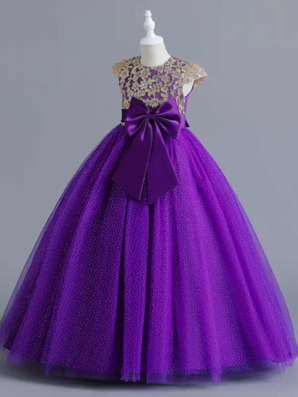 Girl's Floral Embroidery Contrast Sequin Big Bow Puff Sleeve Party Satin Dress, Kids Clothes 2