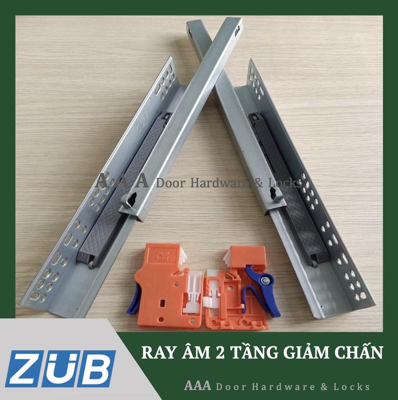 Ray âm ZUB giảm chấn KHOÁ TAY 2 tầng độ mở 3/4, Thanh trượt Giảm Chấn. Bộ gồm 2 thanh trượt giảm chấn có tay nhựa
