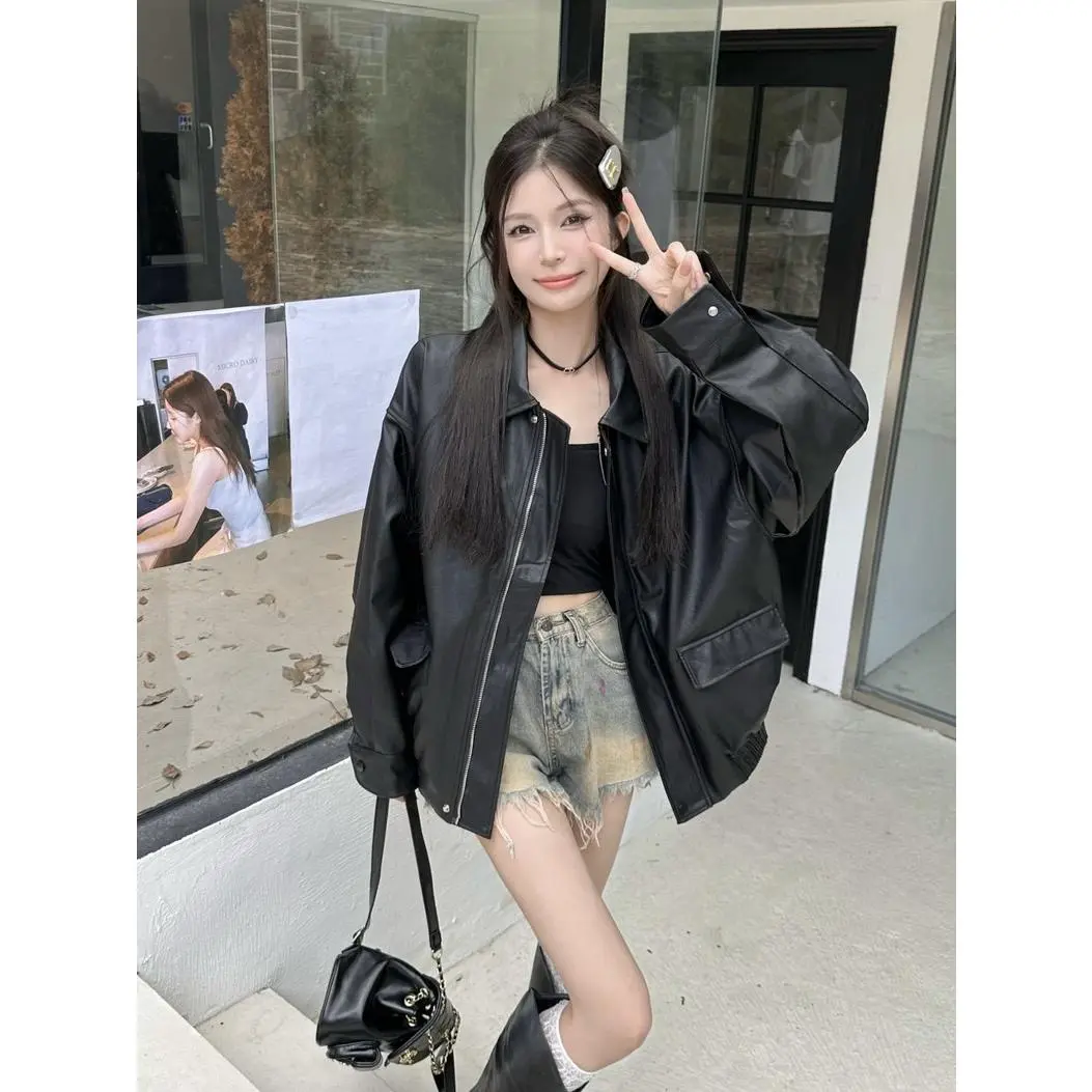 RICH-THEY Girls 'retro Ngắn Phong Cách Hàn Quốc Áo Khoác Da Dáng Rộng Đẹp Trai Áo Khoác Xe Máy | BigBuy360 - bigbuy360.vn