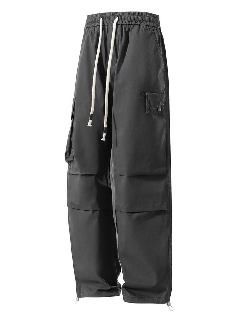 Product Introduction of Men's Solid Pocket Drawstring Waist Cargo Pants, Regular Fit Casual Fashion Trousers for Outdoor Wear, Men's Bottoms for Spring & Fall 1
