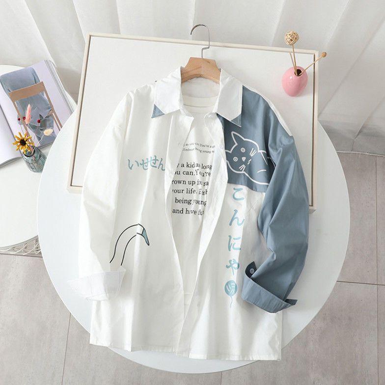 Product Introduction of Áo Sơ Mi Dài Tay Dáng Rộng Phong Cách Preppy, Dành Cho Giới Trẻ, Dành Cho Bé Trai, Xu Hướng Mùa Xuân Và Mùa Thu, Áo Sơ Mi Mèo Hoạt Hình, Thích Hợp Cho Các Cặp Đôi 2