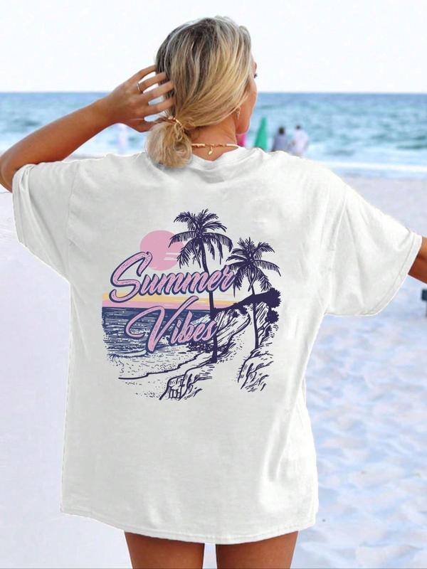 Women's Landscape & Letter Print Round Neck Tee, Casual Drop Shoulder Short Sleeve T-shirt for Daily Wear, Ladies Summer Top, Tshirt 1