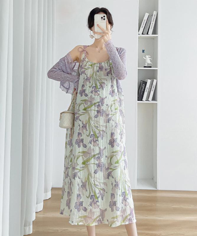 Young Mom | Set đầm bầu sang trọng SET157 gồm váy maxi chất lụa kèm áo khoác cardigan màu tím sữa xinh xắn mùa hè mát mẻ, Thai sản Thai kỳ Thoải mái Váy Bầu Kem Voi