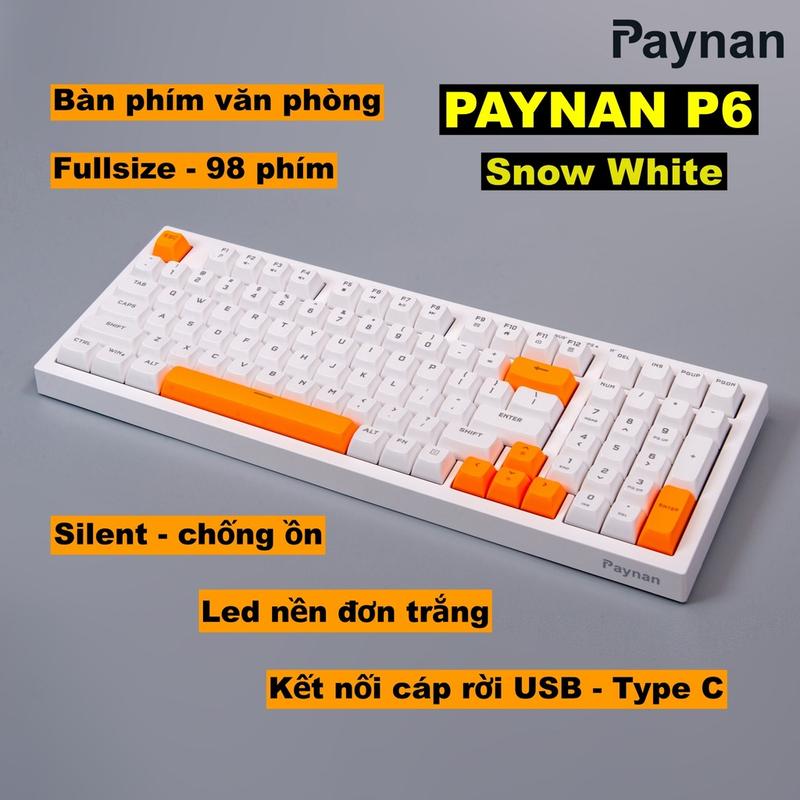 Bàn phím văn phòng P6 Paynan chống ồn kết nối cáp rời 98 phím đèn led trắng  keycap màu trắng năng động