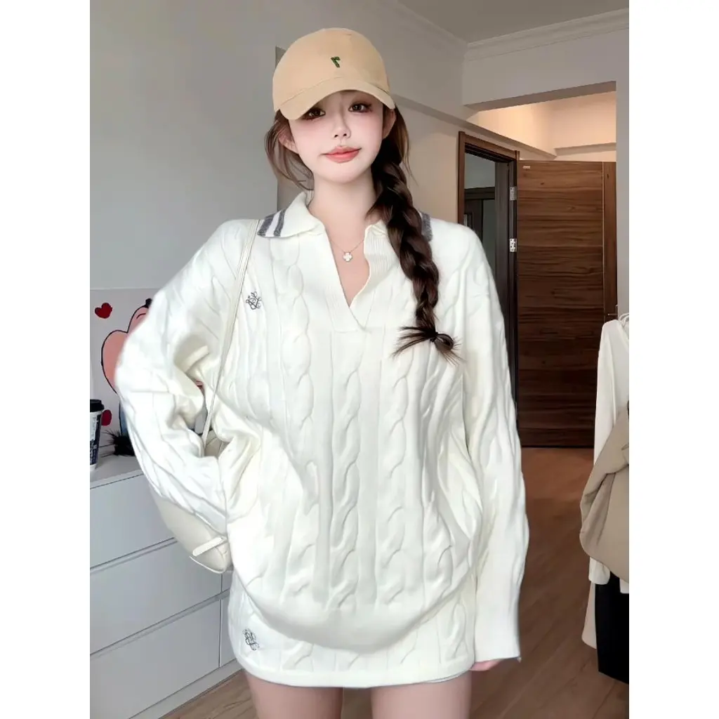 Bộ đầm dệt kim cổ Polo thu đông dáng rộng hai mảnh Nữ Áo