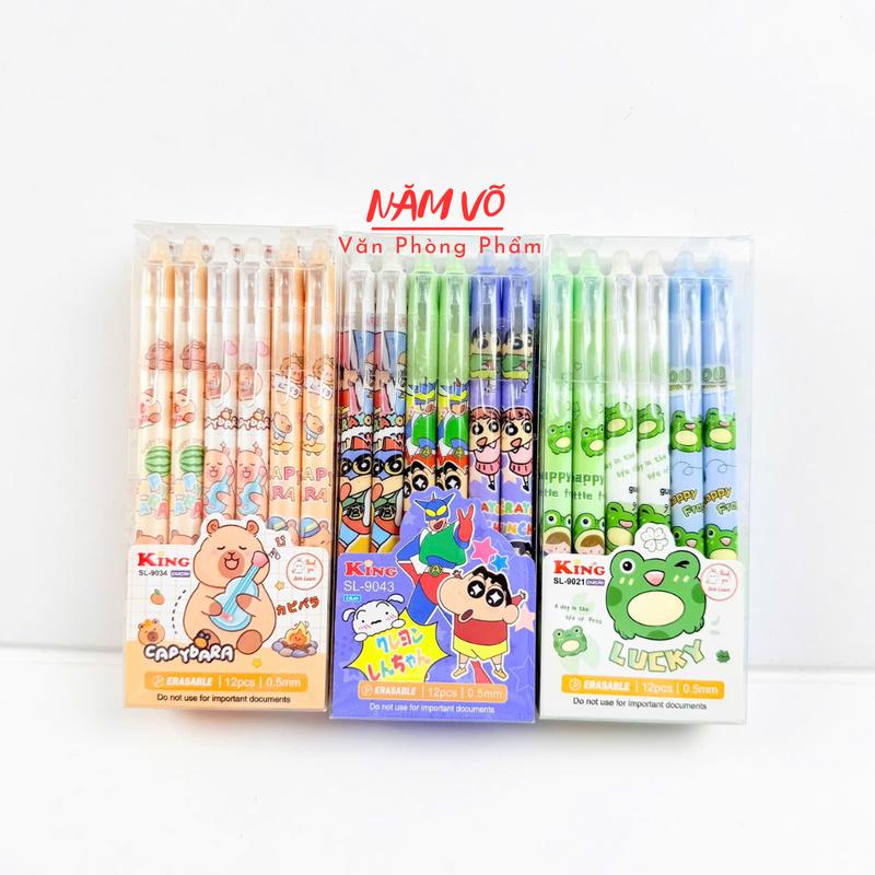 [ NEW ] HỘP 12 Cây Bút Gel Bấm Bôi Xóa Tẩy - Viết Gel Bấm Xoá Được Ngòi 0.5mm Nhiều Mẫu Mới Dễ Thương ( Mực Xanh / Tím ) Mực Đậm Đều, Ngòi Êm (Mẫu Ngẫu Nhiên)