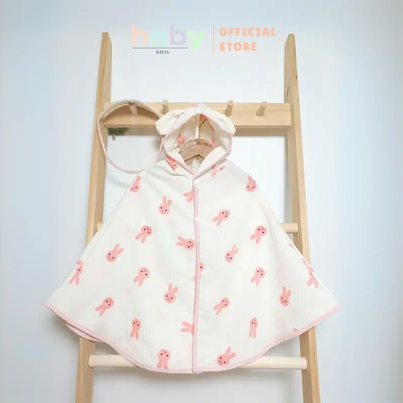 Áo choàng chống nắng cho bé, chắn gió kèm tấm chắn bảo vệ HABY KIDS chất liệu đũi gân họa tiết Tai Thỏ Kem chobe 0