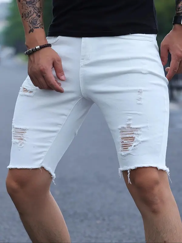 Men's American Retro Style Solid Color Distressed Ripped Denim Shorts, Street Fashion Casual Comfy Pocket Denim Shorts for Summer, Trendy Men's Bottoms for Daily Wear 5
