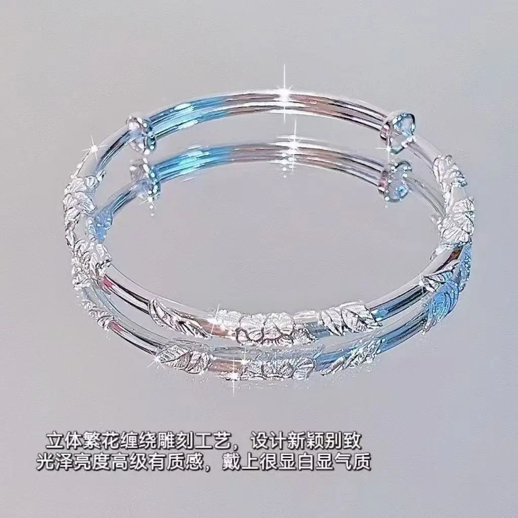 Solid Sterling Silver Bracelet Flowers Push-Pull Pure Silver Bracelet Valentine's Day Gift for Girlfriend Girlfriend