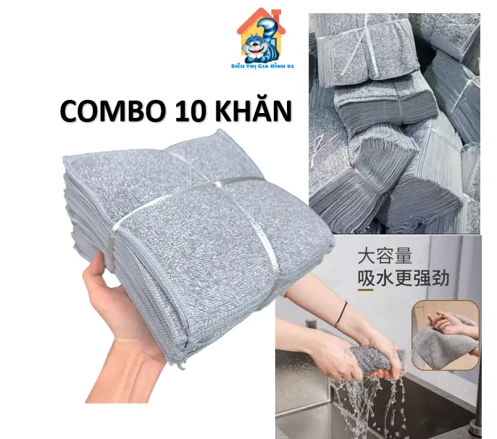 (Size 21x21 cm) Combo 10 Khăn lau bếp màu xám mềm mịn, thấm hút  Làm Sạch 0
