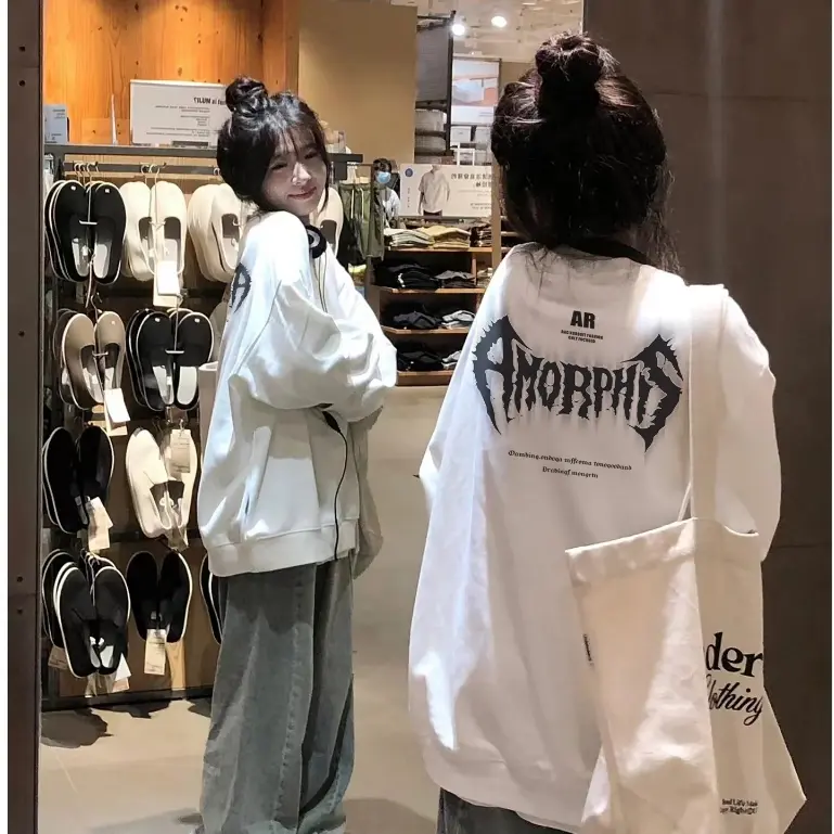 Dài tay vintage Trắng cổ tròn áo nỉ chân cua nữ unisex bigsize 100%cotton Women Top