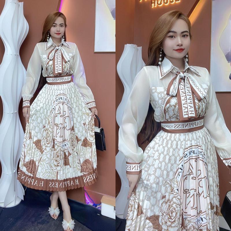 T610 Set Thiết Kế 3D in Họa Tiết Hoa Áo Sơ Mi Kèm Chân Váy ( Kèm Dây Nơ) -- Thanh Tự