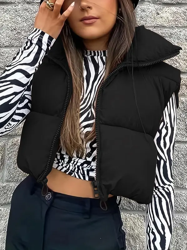 Women's Solid Drawstring Zip Up Puffer Vest, Casual Fashion Sleeveless Outerwear for Fall & Winter, Women's Clothing for Daily Wear 0