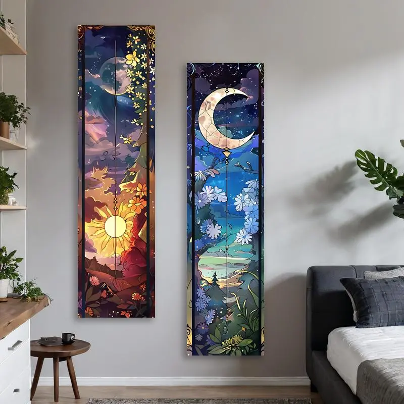 Sun & Moon Pattern Design Wall Hanging Tapestry, 2 Counts/set Tree Of Life Flowers Mountain Long Narrow Tapestry, Wall Decor for Home Living Room Bedroom 5