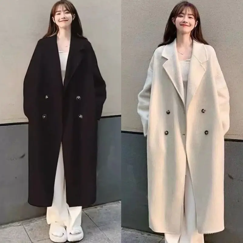 KAGEDSHOP Áo khoác dạ dáng dài 2 lớp form rộng 4 cúc túi sườn be đen, Áo khoác blazer nữ cổ vest chất dạ lì phong cách ulzzang 0