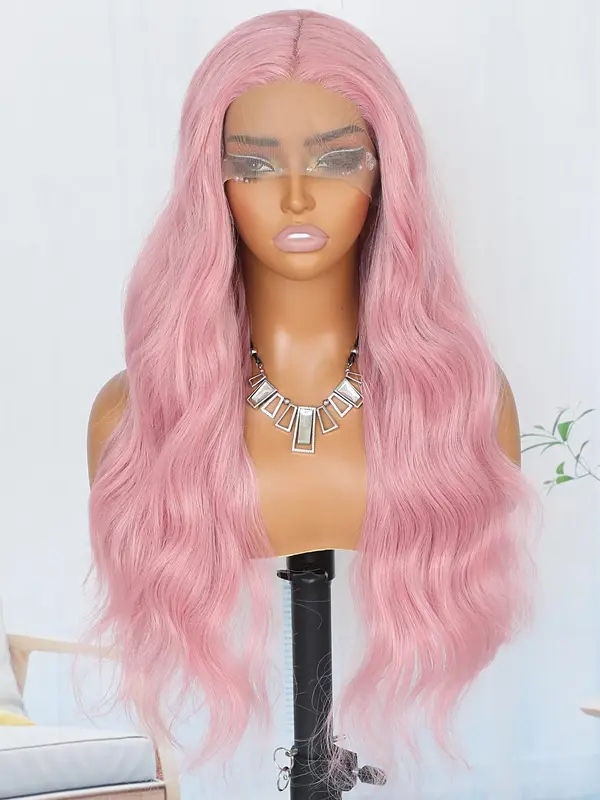 26 Inch Pink Long Wavy Wigs for Women, Gorgeous Fluffy Wigs without Bangs, Synthetic Wigs for Party, Daily Use 4