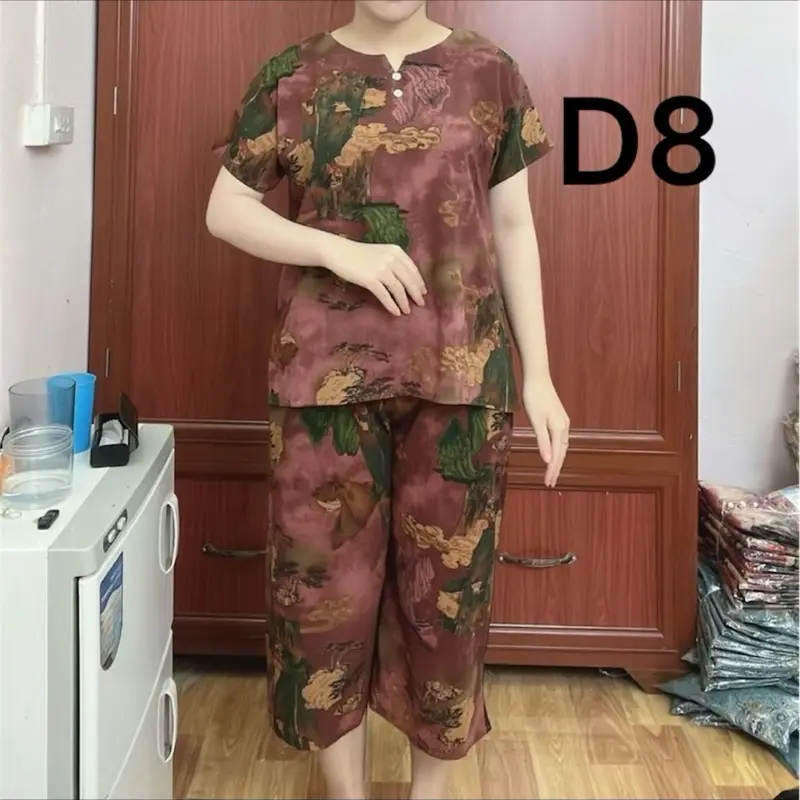 70-80kg Bộ lụa trung niên sz to béo tay cộc quần lửng, lụa,có hoa,mùa hè,áo nữ,nhiều màu Women Sen 4