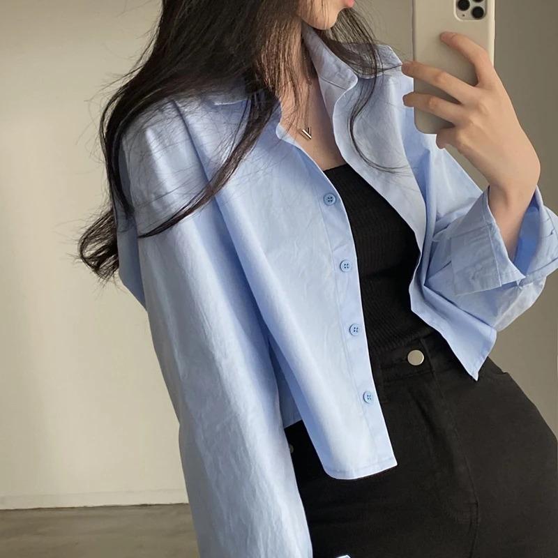 Product Introduction of Fashion Short Shirts Women Korean Chic Loose Solid Color Long Sleeve Crop Tops Female Casual Elegant Button Split Turn Down Collar Blouse 8