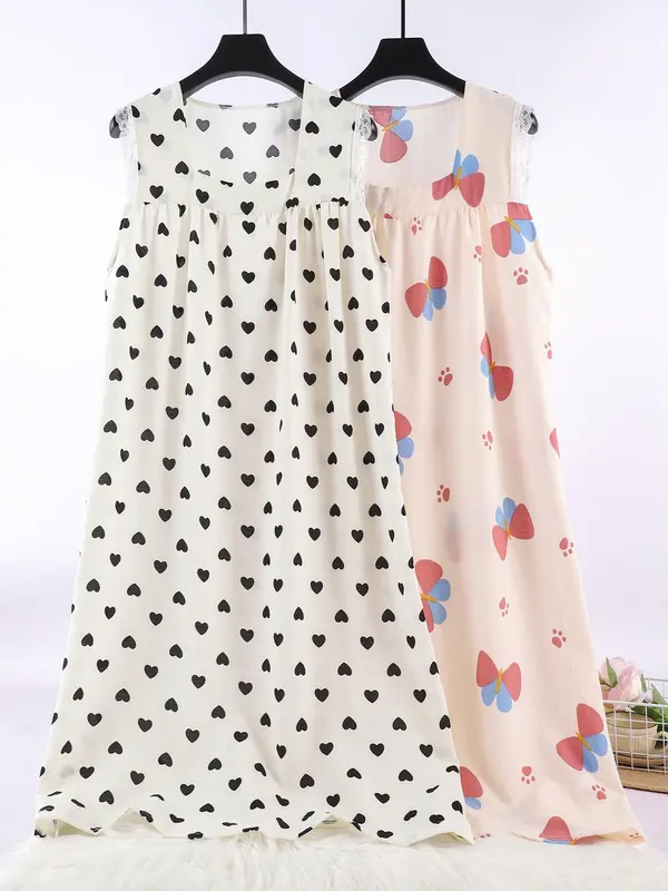 Plus Size Women's All Over Heart/Butterfly Print Lace Trim Square Neck Nightdress, Loose Casual Soft Comfortable Sleeveless Nightgown for Women, Women's Sleepwear for All Seasons 0