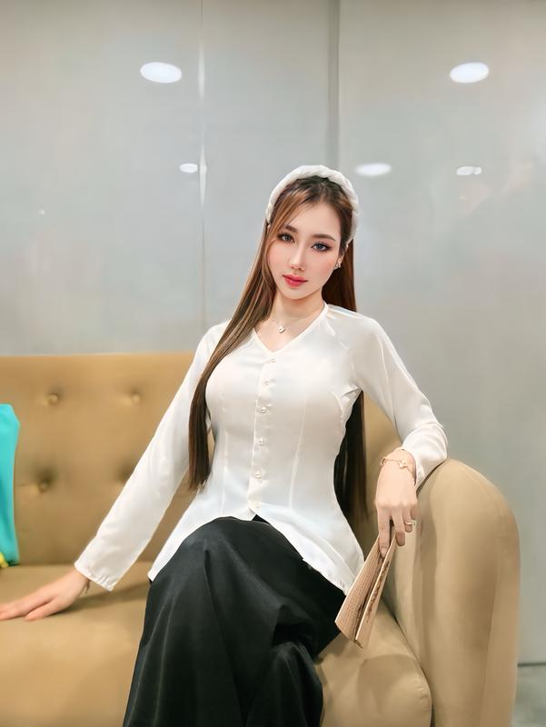 Xưởng May Hân Nguyễn - B.A102 - Áo Lẻ Bà Ba Lụa Tầm Ý Cổ Tim Cài Nút Tay Dài áo  bà thun lưới Nữ Top Women