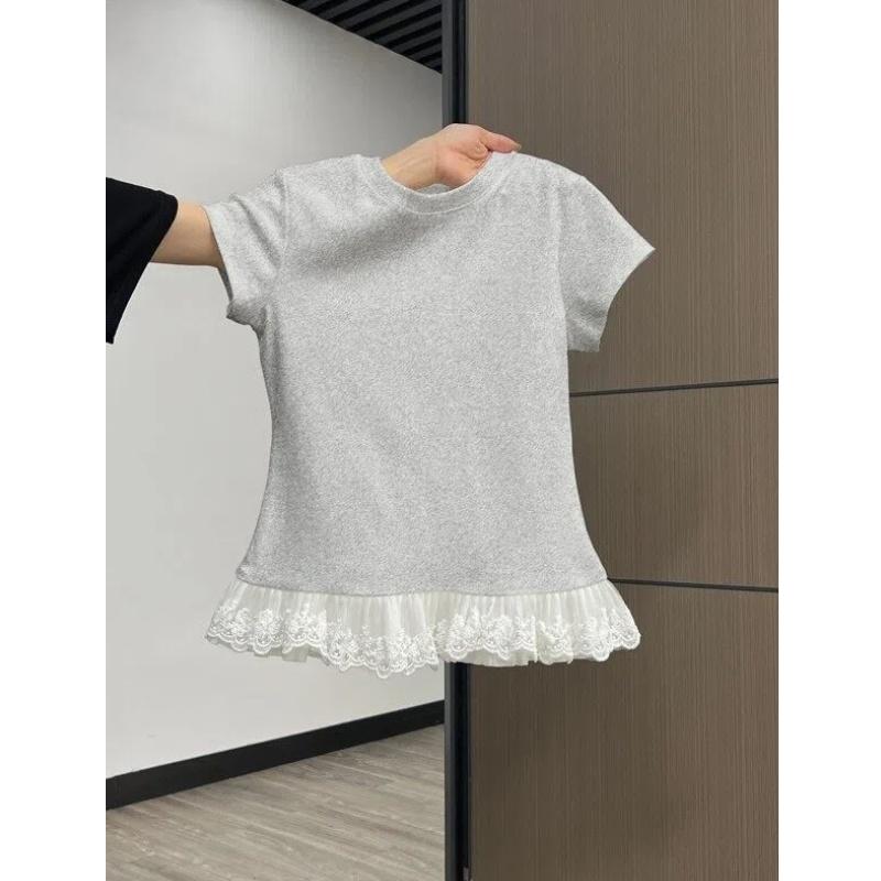 kaos polos slim lengan pendek renda atasan wanita kekinian soft cotton musim panas korean style