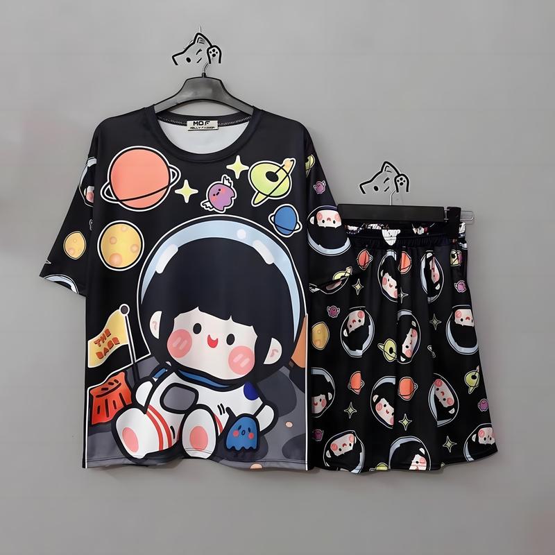 Bộ Đùi Nam Nữ Thun Lạnh Thái Kèm Áo Form Rộng In Hình Dễ Thương Women Top Kem - B11