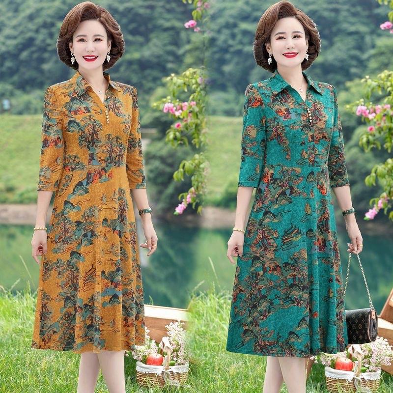 Đầm trung niên nữ cho mẹ váy trung tuổi sang trọng tay lửng u40 u50 vay dangdai jean xs áo len phạmthoại đầmbabydoll bò atonement green