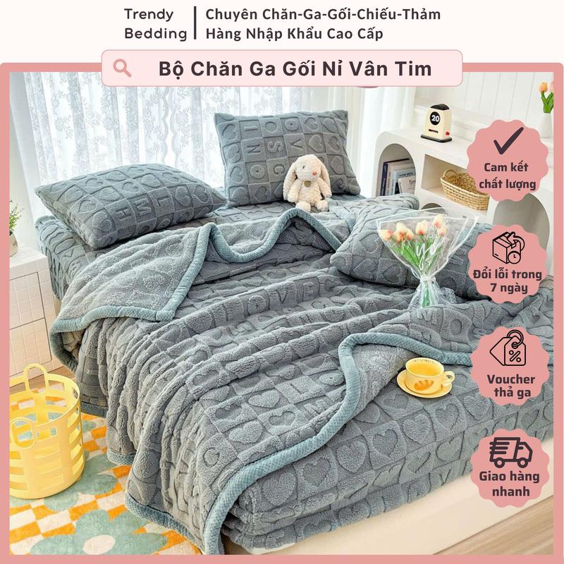 Bộ Chăn Ga Gối Nỉ Sữa Tim Dập 3D mềm, mịn, ấm, bảng màu trơn thời thượng phong cách Hàn Quốc, nhập khẩu Trendy Bedding