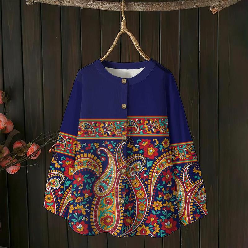 Product Introduction of 2025 NEW Ladies' Family Parent Child Shirt Women's Paisley Print Shirt Retro and Elegant Tops for Older Women Fashionable and Casual Muslim Shirts for Outdoor Travel Oversize Women's Shirts 29