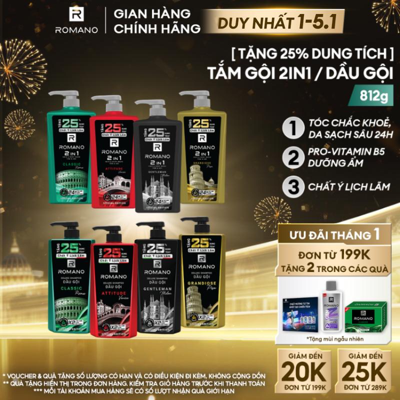  DUY NHẤT 1-5.1  THÊM 25% GIÁ KHÔNG ĐỔI  Dầu   Tắm gội cho nam Romano 2in1 hương nước hoa tăng 25% dung tích phiên bản đặc biệt 25 năm 