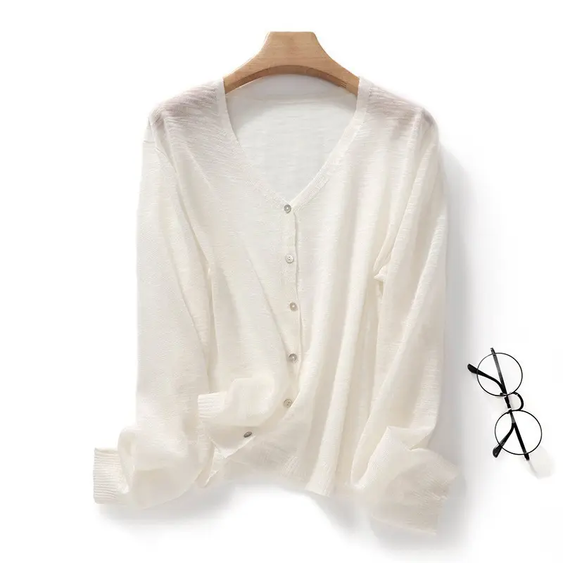 Áo Cardigan Dệt Kim, Chất Liệu Vải Lanh Slub, Dành Cho Nữ, Mỏng, Cổ Tròn, Áo Khoác Lụa Lạnh Áo Dáng Rộng áo  khoác  len  nữ bigsize cardigan  croptop  nữ áo  lyly cardigan  hồng cardigan  nơ 1
