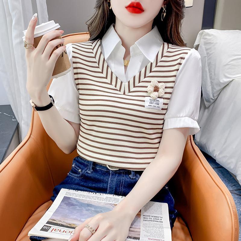 Áo Sơ Mi Ngắn Tay, Thiết Kế Hai Mảnh Giả, Họa Tiết Sọc, Dành Cho Nữ, Phong Cách Trẻ Trung, Hàng Mới Về Mùa Hè 2024, Áo Ngắn Đẹp 4