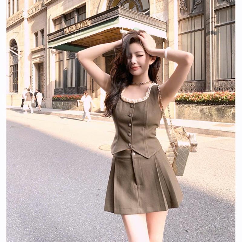 Set áo gile viền cổ vuông phối ren Chân váy xếp ly phong cách tiểu thư Hb.closet S217 Nữ Women
