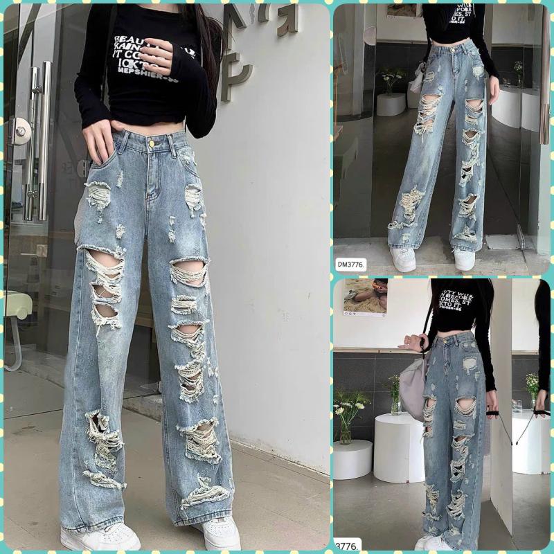   ORDM3776  QUẦN JEANS ỐNG RỘNG NỮ LƯNG CAO RÁCH TE TUA ĐÙI MÀU XANH NHẠT LAI CUỐN CÁ TÍNH SIÊU XỊN SÒ 