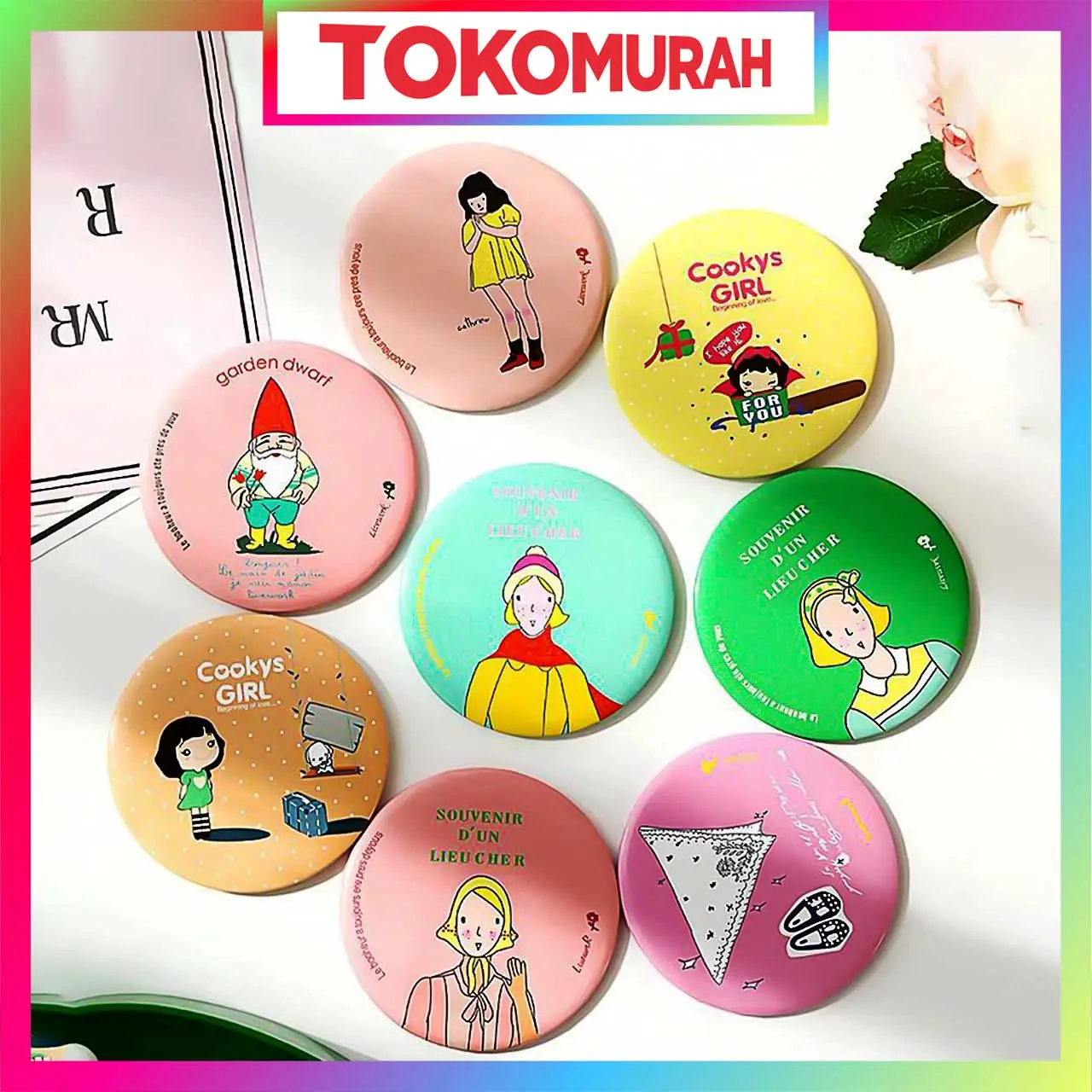 READY STOCK HAND MIRROR CERMIN KACA BULAT MAKE UP TRAVELING KARAKTER LUCU IMPOR