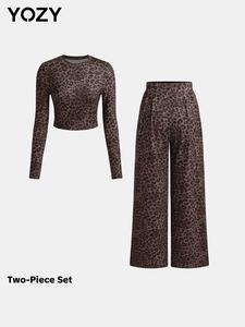 YOZY 1 Set Leopard Print Crop Tee & Plicated Wide Leg Pants, Round Neck Long Sleeve Top & Palazzo Pants, 2024 Women's Daily Wear for All Seasons
