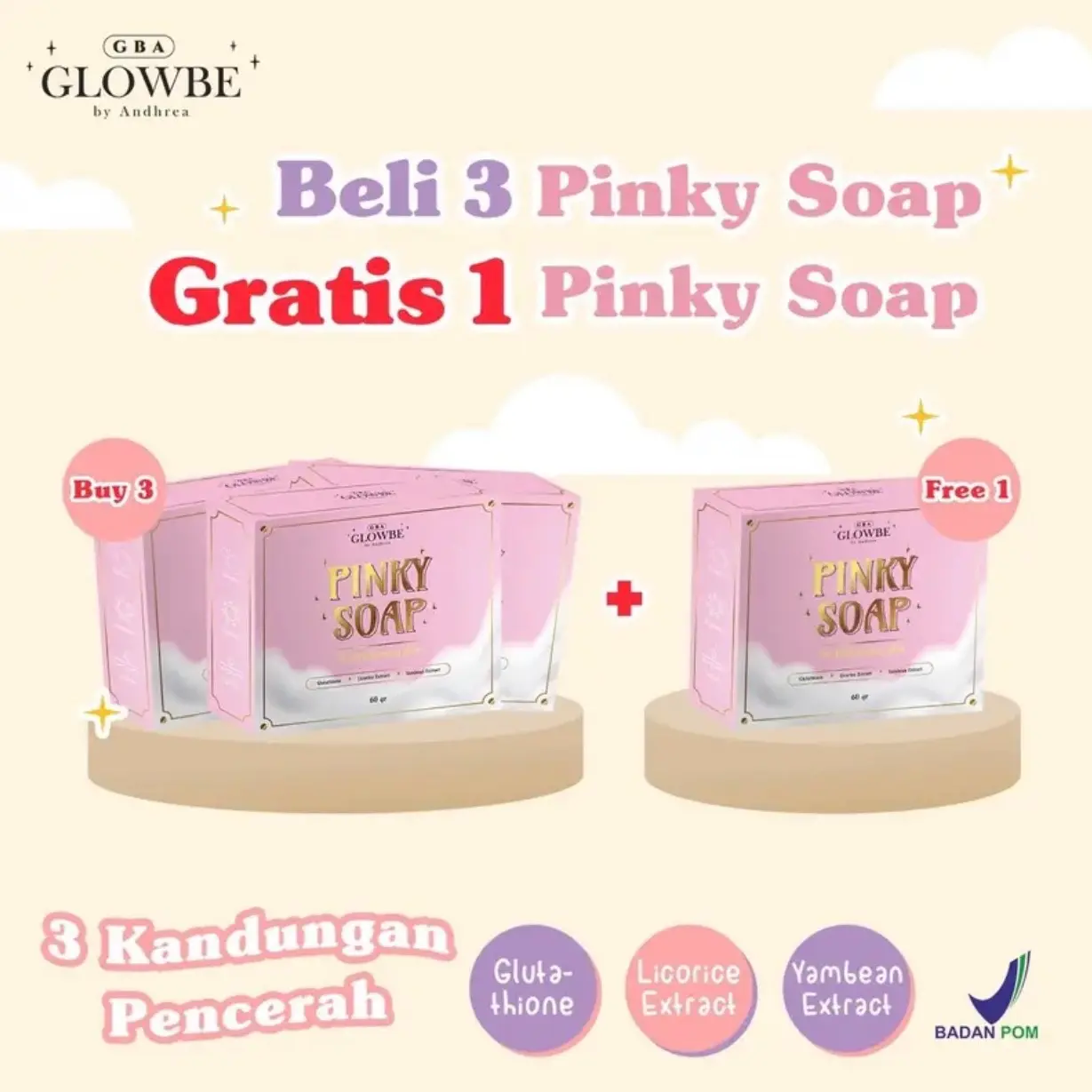 Promo BELI 3 Gratis 1 Pinky Soap Glowbe by Andrea for brightening skin pencerah badan dan wajah Original