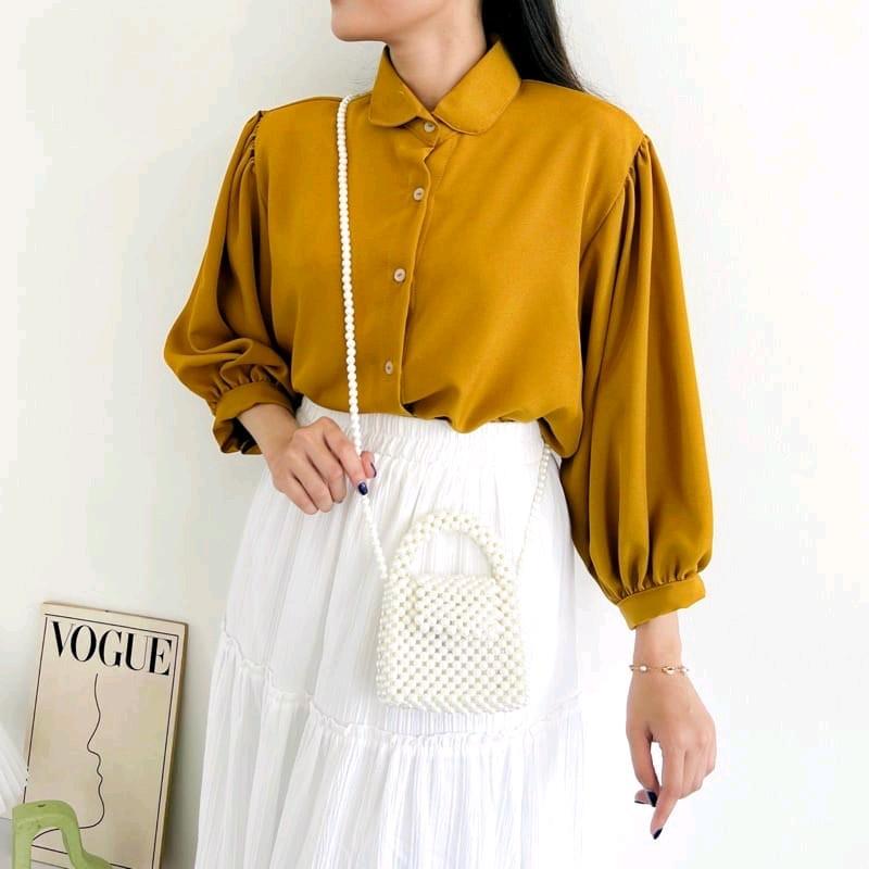Blouse Kemeja Elze Atasan Wanita Shakila Twill Polos Lengan Balon Full Kancing Baju Panjang Oversize 2