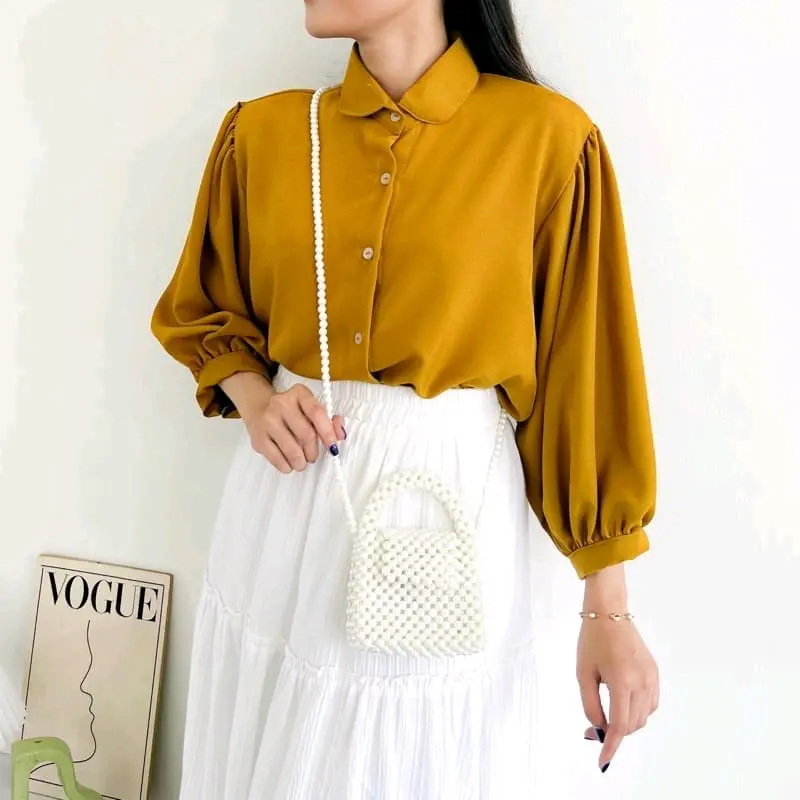 Blouse Kemeja Elze Atasan Wanita Shakila Twill Polos Lengan Balon Full Kancing Baju Panjang Oversize 1
