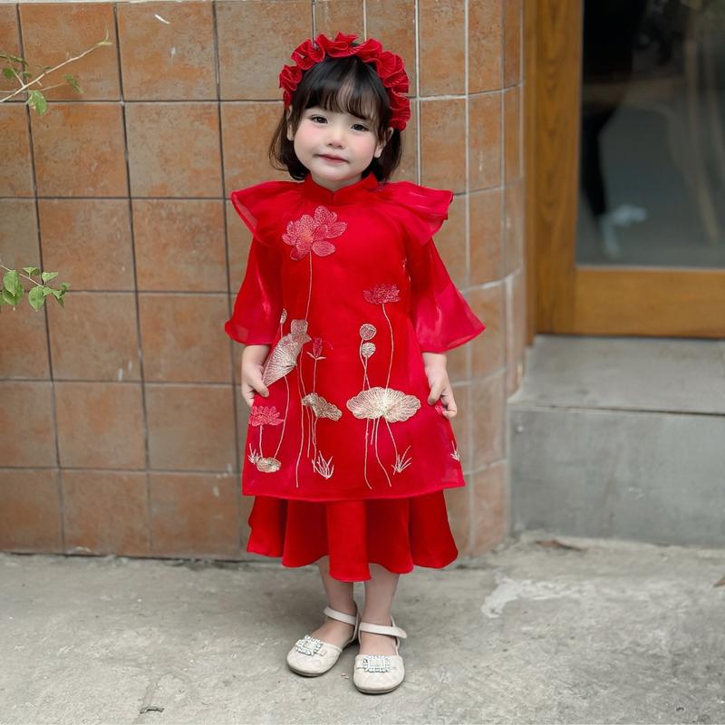 Áo dài cách tân cho bé gái thêu hoa sen chất liệu cao cấp đủ size từ 8-32kg quà tặng ngày Tết 2024 OH KIDS áo dài tết  cho nàng 12 tuổi