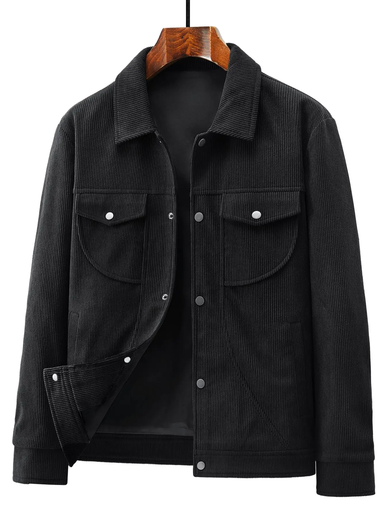 Men's Solid Button Front Pocket  Jacket, Regular Fit Casual Long Sleeve Collared Outerwear for Spring & Fall, Fashion Men's Clothes for Daily Wear